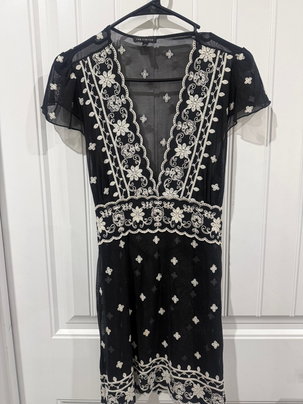 Y2K, Cottegecore, Black Mesh Mini Dress with Ivory Floral Embroidery